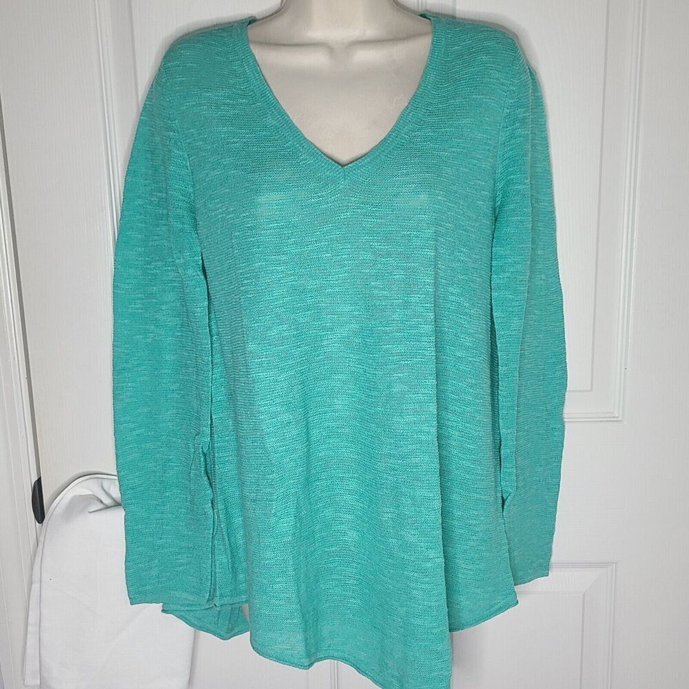 Eileen Fisher women sweater V-Neck organic linen cotton slub turquoise green S